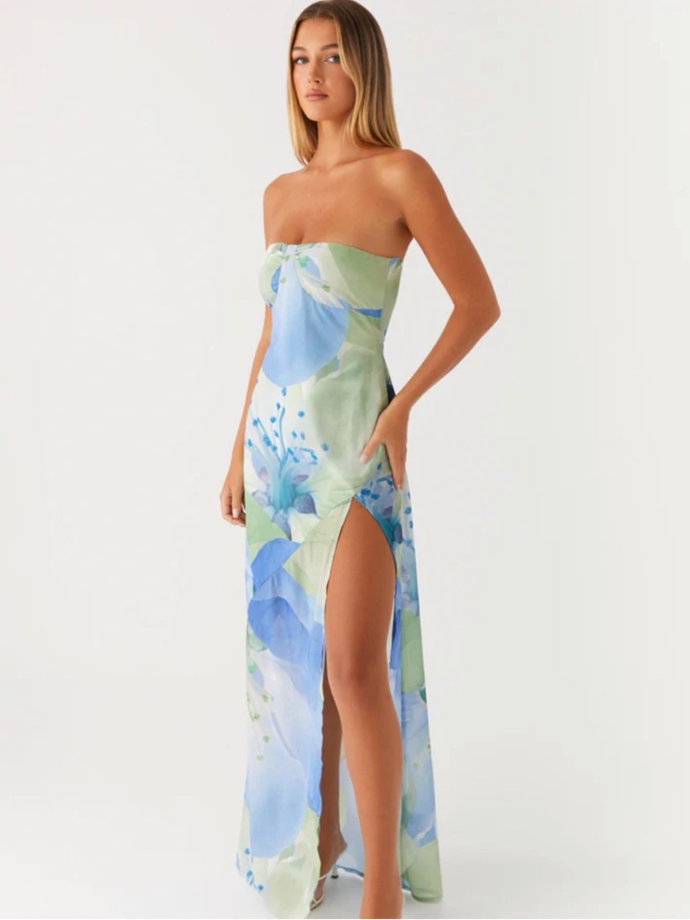 Peppermayo Strapless Floral Maxi Dress in Blue and Light Green